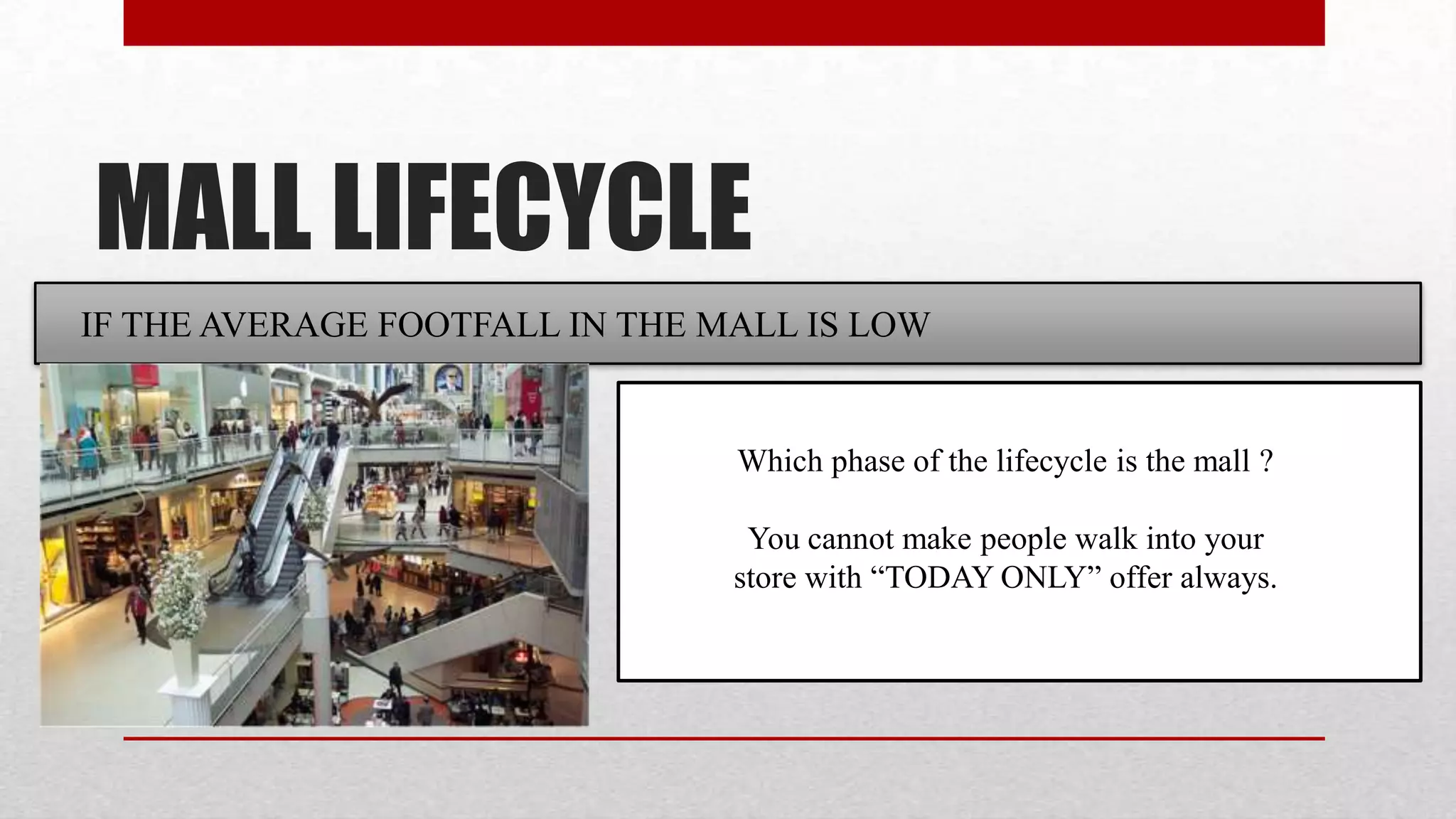 MALL LIFECYCLE
IF THE AVERAGE FOOTFALL IN THE MALL IS LOW


                                Which phase of the lifecycle is the mall ?

                                 You cannot make people walk into your
                                store with “TODAY ONLY” offer always.
 