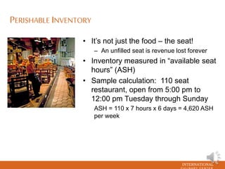 INTERNATIONAL
PERISHABLE INVENTORY
• It’s not just the food – the seat!
– An unfilled seat is revenue lost forever
• Inventory measured in “available seat
hours” (ASH)
• Sample calculation: 110 seat
restaurant, open from 5:00 pm to
12:00 pm Tuesday through Sunday
ASH = 110 x 7 hours x 6 days = 4,620 ASH
per week
 