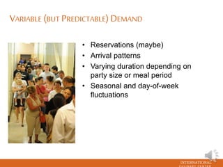 INTERNATIONAL
VARIABLE (BUT PREDICTABLE)DEMAND
• Reservations (maybe)
• Arrival patterns
• Varying duration depending on
party size or meal period
• Seasonal and day-of-week
fluctuations
 