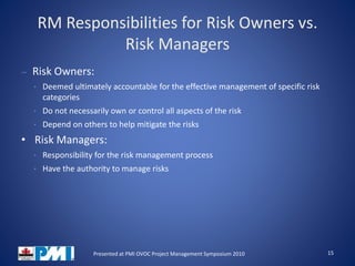 RM Responsibilities for Risk Owners vs.
Risk Managers
– Risk Owners:
• Deemed ultimately accountable for the effective management of specific risk
categories
• Do not necessarily own or control all aspects of the risk
• Depend on others to help mitigate the risks
• Risk Managers:
• Responsibility for the risk management process
• Have the authority to manage risks
15Presented at PMI OVOC Project Management Symposium 2010
 
