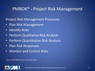 PMBOK® - Project Risk Management
Project Risk Management Processes
• Plan Risk Management
• Identify Risks
• Perform Qualitative Risk Analysis
• Perform Quantitative Risk Analysis
• Plan Risk Responses
• Monitor and Control Risks
16Presented at PMI OVOC Project Management Symposium 2010
Source: PMI’s PMBOK Guide, Fourth Edition (2008)
 