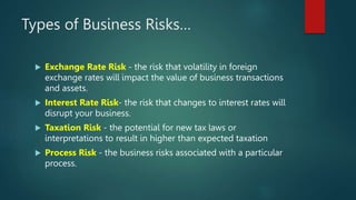 Types of Business Risks…
 Exchange Rate Risk - the risk that volatility in foreign
exchange rates will impact the value o...