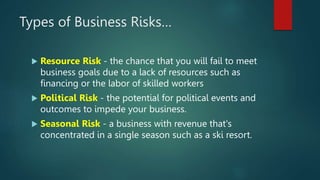 Types of Business Risks…
 Resource Risk - the chance that you will fail to meet
business goals due to a lack of resources...