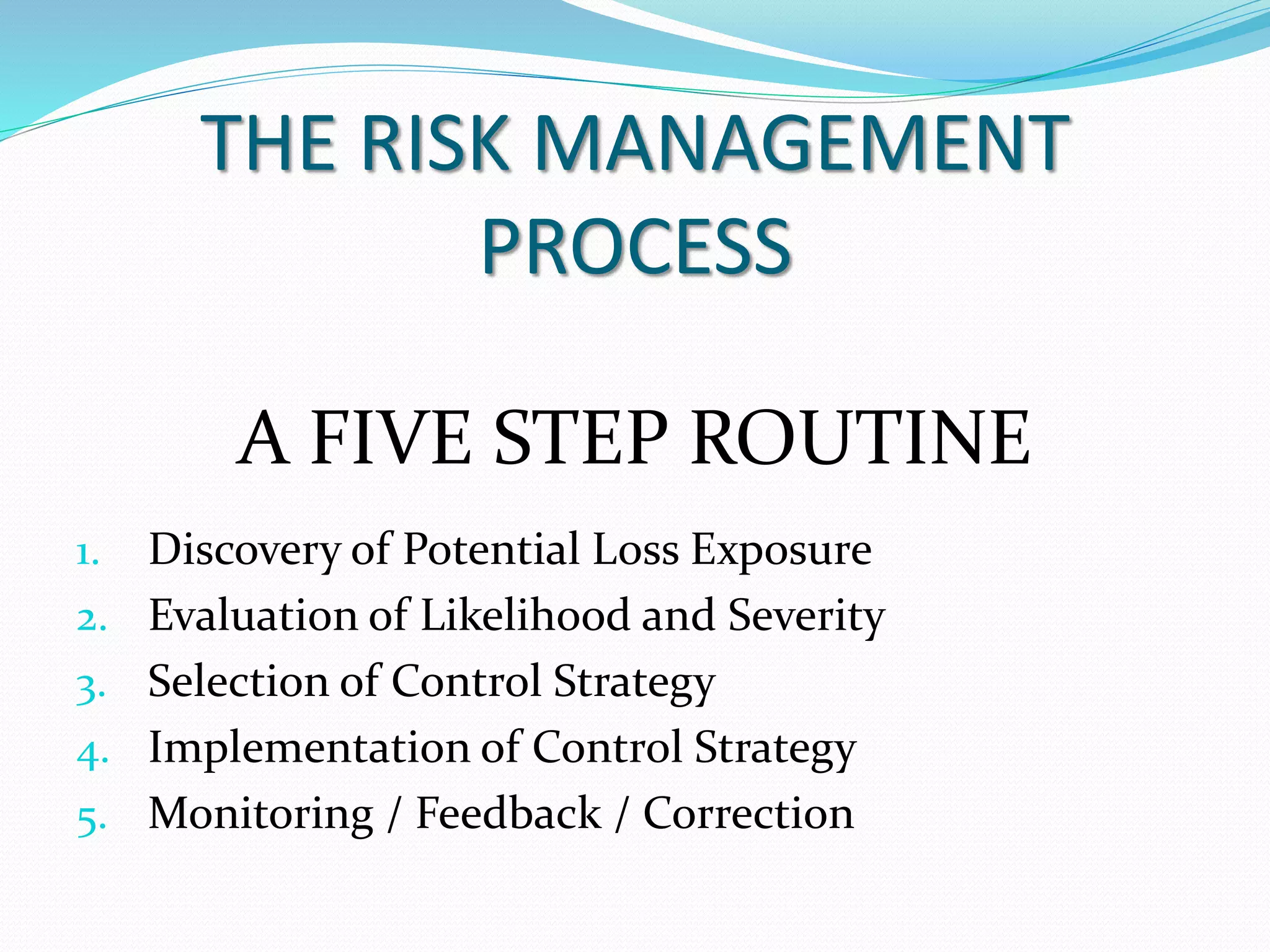 THE RISK MANAGEMENT 
PROCESS 
A FIVE STEP ROUTINE 
1. Discovery of Potential Loss Exposure 
2. Evaluation of Likelihood and Severity 
3. Selection of Control Strategy 
4. Implementation of Control Strategy 
5. Monitoring / Feedback / Correction 
 