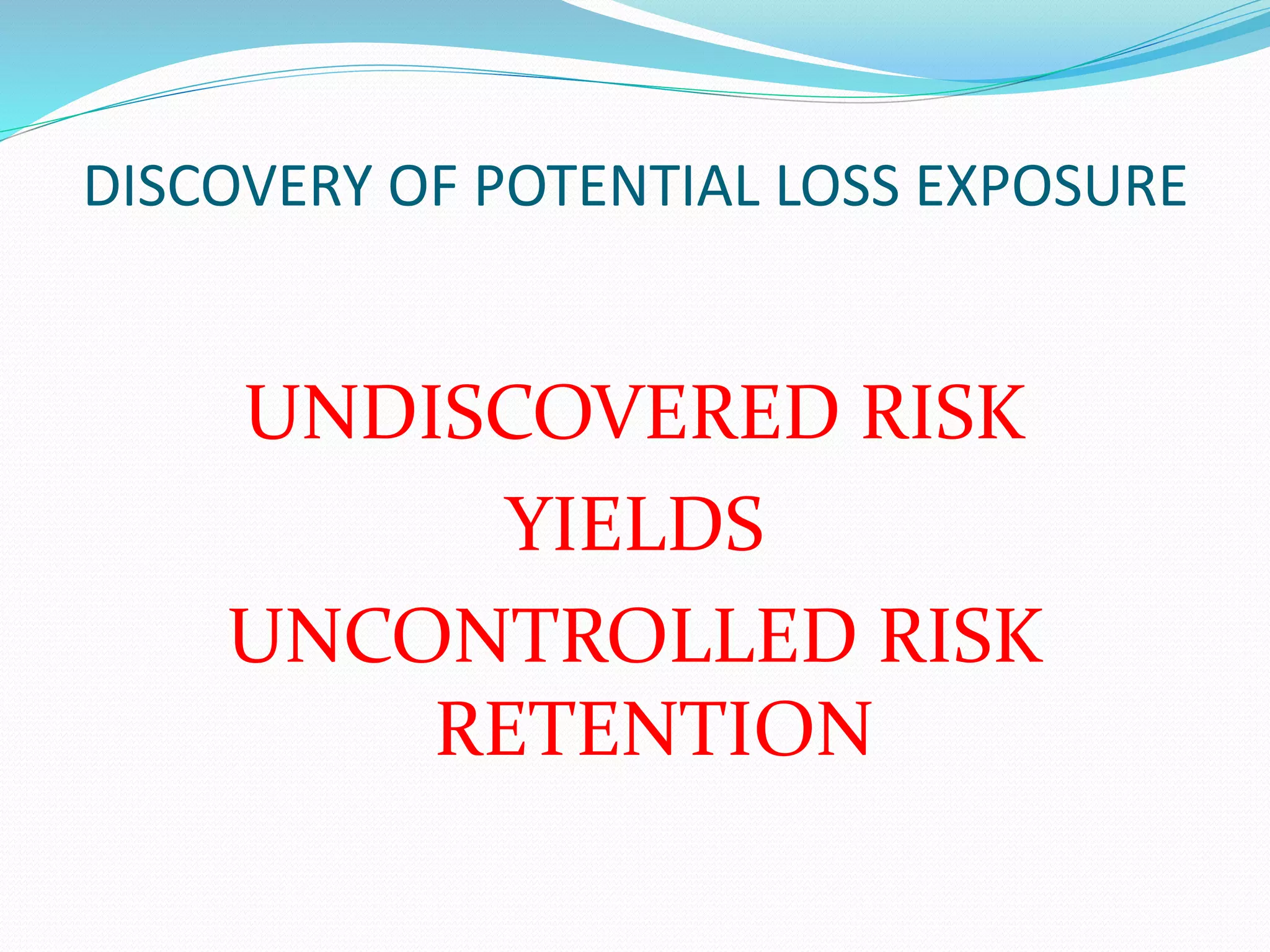 DISCOVERY OF POTENTIAL LOSS EXPOSURE 
UNDISCOVERED RISK 
YIELDS 
UNCONTROLLED RISK 
RETENTION 
 
