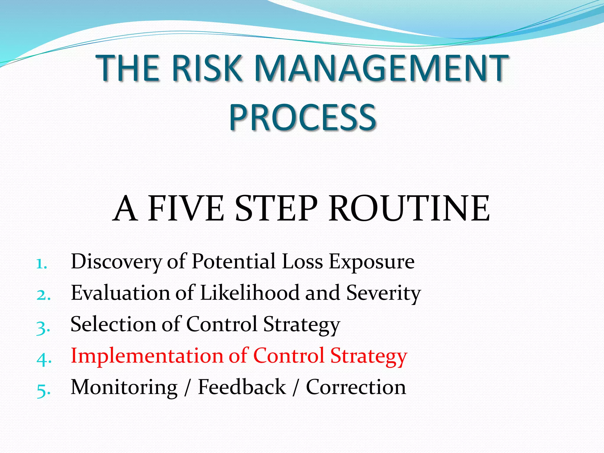 THE RISK MANAGEMENT 
PROCESS 
A FIVE STEP ROUTINE 
1. Discovery of Potential Loss Exposure 
2. Evaluation of Likelihood and Severity 
3. Selection of Control Strategy 
4. Implementation of Control Strategy 
5. Monitoring / Feedback / Correction 
 