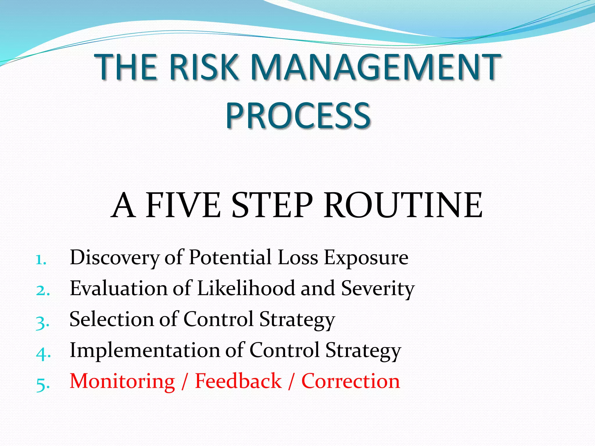 THE RISK MANAGEMENT 
PROCESS 
A FIVE STEP ROUTINE 
1. Discovery of Potential Loss Exposure 
2. Evaluation of Likelihood and Severity 
3. Selection of Control Strategy 
4. Implementation of Control Strategy 
5. Monitoring / Feedback / Correction 
 