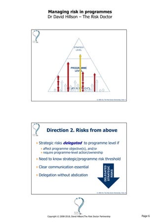 Page 6Copyright © 2008-2018, David Hillson/The Risk Doctor Partnership
Managing risk in programmes
Dr David Hillson – The Risk Doctor
© 2008-18, The Risk Doctor Partnership, Slide 11
COMPONENT LEVEL
STRATEGY
LEVEL
PROGRAMME
LEVEL
© 2008-18, The Risk Doctor Partnership, Slide 12
Direction 2. Risks from above
Strategic risks delegated to programme level if
affect programme objective(s), and/or
require programme-level action/ownership
Need to know strategic/programme risk threshold
Clear communication essential
Delegation without abdication
DELEGATED
STRATEGIC
RISKS
 