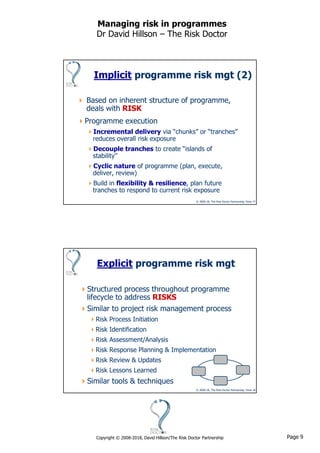 Page 9Copyright © 2008-2018, David Hillson/The Risk Doctor Partnership
Managing risk in programmes
Dr David Hillson – The Risk Doctor
© 2008-18, The Risk Doctor Partnership, Slide 17
Implicit programme risk mgt (2)
Programme execution
Incremental delivery via “chunks” or “tranches”
reduces overall risk exposure
Decouple tranches to create “islands of
stability”
Cyclic nature of programme (plan, execute,
deliver, review)
Build in flexibility & resilience, plan future
tranches to respond to current risk exposure
 Based on inherent structure of programme,
deals with RISK
© 2008-18, The Risk Doctor Partnership, Slide 18
Explicit programme risk mgt
Structured process throughout programme
lifecycle to address RISKS
Similar to project risk management process
Risk Process Initiation
Risk Identification
Risk Assessment/Analysis
Risk Response Planning & Implementation
Risk Review & Updates
Risk Lessons Learned
Similar tools & techniques
 