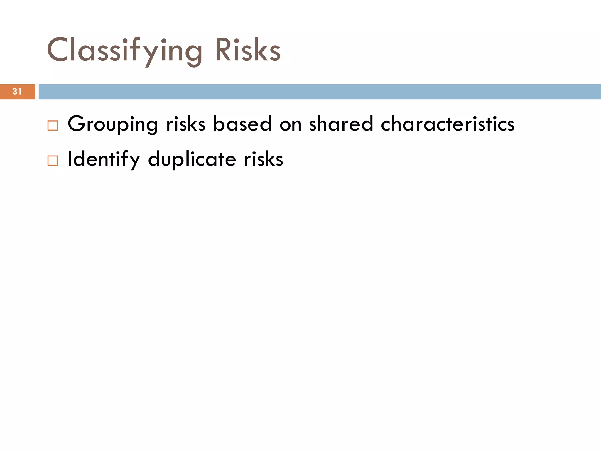 Classifying Risks
¨ Grouping risks based on shared characteristics
¨ Identify duplicate risks
31
 