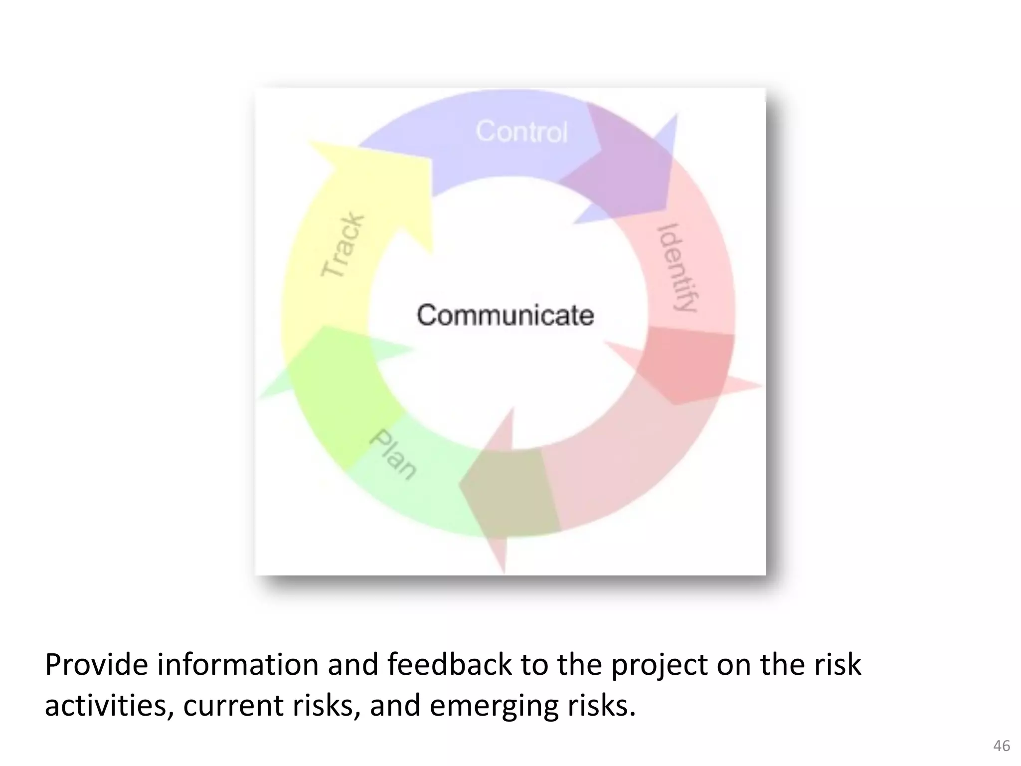 Provide information and feedback to the project on the risk
activities, current risks, and emerging risks.
46
 