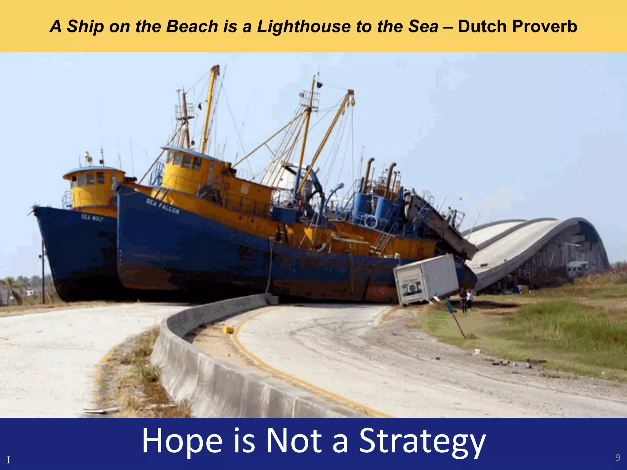 Hope is Not a Strategy
A Ship on the Beach is a Lighthouse to the Sea – Dutch Proverb
I 9
 