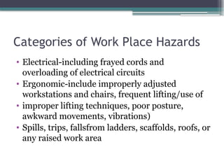 Categories of Work Place Hazards
• Electrical-including frayed cords and
overloading of electrical circuits
• Ergonomic-include improperly adjusted
workstations and chairs, frequent lifting/use of
• improper lifting techniques, poor posture,
awkward movements, vibrations)
• Spills, trips, fallsfrom ladders, scaffolds, roofs, or
any raised work area
 