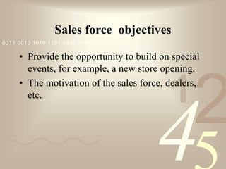 421
0011 0010 1010 1101 0001 0100 1011
Sales force objectives
• Provide the opportunity to build on special
events, for example, a new store opening.
• The motivation of the sales force, dealers,
etc.
 