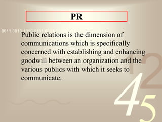 421
0011 0010 1010 1101 0001 0100 1011
PR
Public relations is the dimension of
communications which is specifically
concerned with establishing and enhancing
goodwill between an organization and the
various publics with which it seeks to
communicate.
 