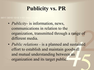421
0011 0010 1010 1101 0001 0100 1011
Publicity vs. PR
• Publicity- is information, news,
communications in relation to the
organization, transmitted through a range of
different media.
• Public relations - is a planned and sustained
effort to establish and maintain goodwill
and mutual understanding between an
organization and its target public.
 