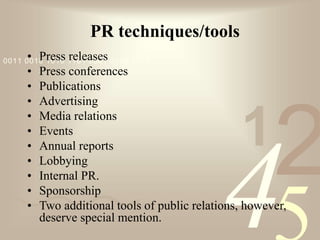 421
0011 0010 1010 1101 0001 0100 1011
PR techniques/tools
• Press releases
• Press conferences
• Publications
• Advertising
• Media relations
• Events
• Annual reports
• Lobbying
• Internal PR.
• Sponsorship
• Two additional tools of public relations, however,
deserve special mention.
 