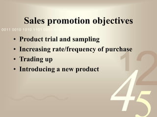 421
0011 0010 1010 1101 0001 0100 1011
Sales promotion objectives
• Product trial and sampling
• Increasing rate/frequency of purchase
• Trading up
• Introducing a new product
 