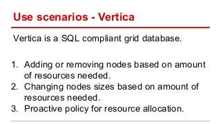 Use scenarios - Vertica
Vertica is a SQL compliant grid database.
1. Adding or removing nodes based on amount
of resources...