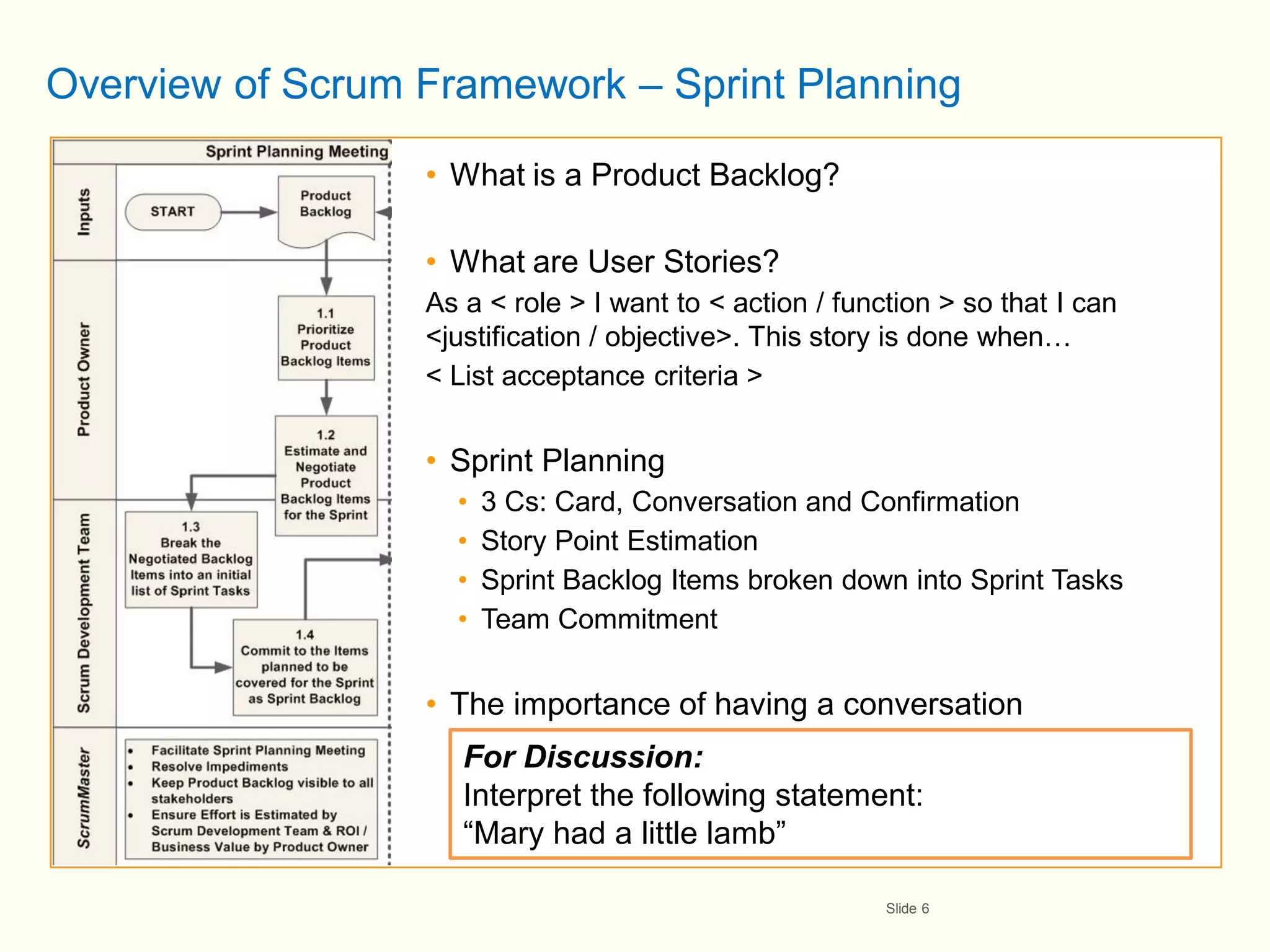 Overview of Scrum Framework – Sprint Planning

                  • What is a Product Backlog?

                  • What are User Stories?
                  As a < role > I want to < action / function > so that I can
                  <justification / objective>. This story is done when…
                  < List acceptance criteria >


                  • Sprint Planning
                    •   3 Cs: Card, Conversation and Confirmation
                    •   Story Point Estimation
                    •   Sprint Backlog Items broken down into Sprint Tasks
                    •   Team Commitment


                  • The importance of having a conversation
                     For Discussion:
                     Interpret the following statement:
                     “Mary had a little lamb”

                                                         Slide 6
 