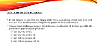 ANALYSIS OF LIFE POSITION
• In the process of growing up people make basic assumption about their own self
worth as well as about worth of significant people in their environment.
• Transactional analysis constructs the following classification of the four possible life
positions or psychological positions:
I am ok, you are ok
I am ok, you are not ok
I am not ok, you are ok
I am not ok, you are not ok
 