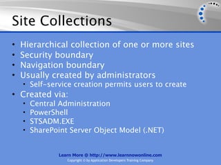 Site Collections
•   Hierarchical collection of one or more sites
•   Security boundary
•   Navigation boundary
•   Usually created by administrators
    • Self-service creation permits users to create
• Created via:
    •   Central Administration
    •   PowerShell
    •   STSADM.EXE
    •   SharePoint Server Object Model (.NET)


               Learn More @ http://www.learnnowonline.com
                  Copyright © by Application Developers Training Company
 