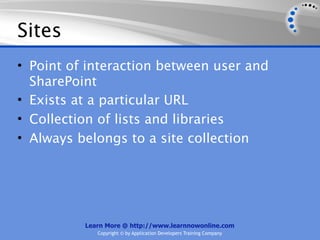 Sites
• Point of interaction between user and
  SharePoint
• Exists at a particular URL
• Collection of lists and libraries
• Always belongs to a site collection




          Learn More @ http://www.learnnowonline.com
             Copyright © by Application Developers Training Company
 