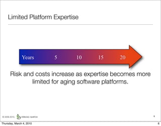 Limited Platform Expertise




       Risk and costs increase as expertise becomes more
               limited for aging software platforms.




© 2009-2010,                                               6


Thursday, March 4, 2010                                        6
 