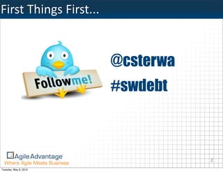 First	
  Things	
  First...


                              @csterwa
                              #swdebt



                                         2
Tuesday, May 8, 2012
 