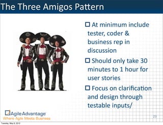 The	
  Three	
  Amigos	
  PaTern
                            At	
  minimum	
  include	
  
                          tester,	
  coder	
  &	
  
                          business	
  rep	
  in	
  
                          discussion
                            Should	
  only	
  take	
  30	
  
                          minutes	
  to	
  1	
  hour	
  for	
  
                          user	
  stories
                            Focus	
  on	
  clariﬁcaKon	
  
                          and	
  design	
  through	
  
                          testable	
  inputs/
                                                              23
Tuesday, May 8, 2012
 