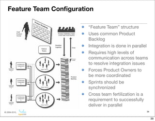 Feature Team Conﬁguration

                          “Feature Team” structure
                          Uses common Product
                          Backlog
                          Integration is done in parallel
                          Requires high levels of
                          communication across teams
                          to resolve integration issues
                          Forces Product Owners to
                          be more coordinated
                          Sprints should be
                          synchronized
                          Cross team fertilization is a
                          requirement to successfully
                          deliver in parallel
© 2009-2010,                                            39


                                                             39
 