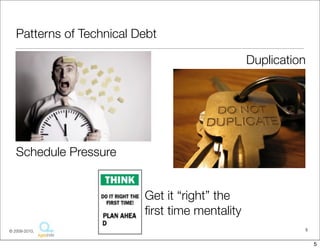 Patterns of Technical Debt

                                                Duplication




   Schedule Pressure


                          Get it “right” the
                          ﬁrst time mentality
© 2009-2010,                                              5


                                                              5
 