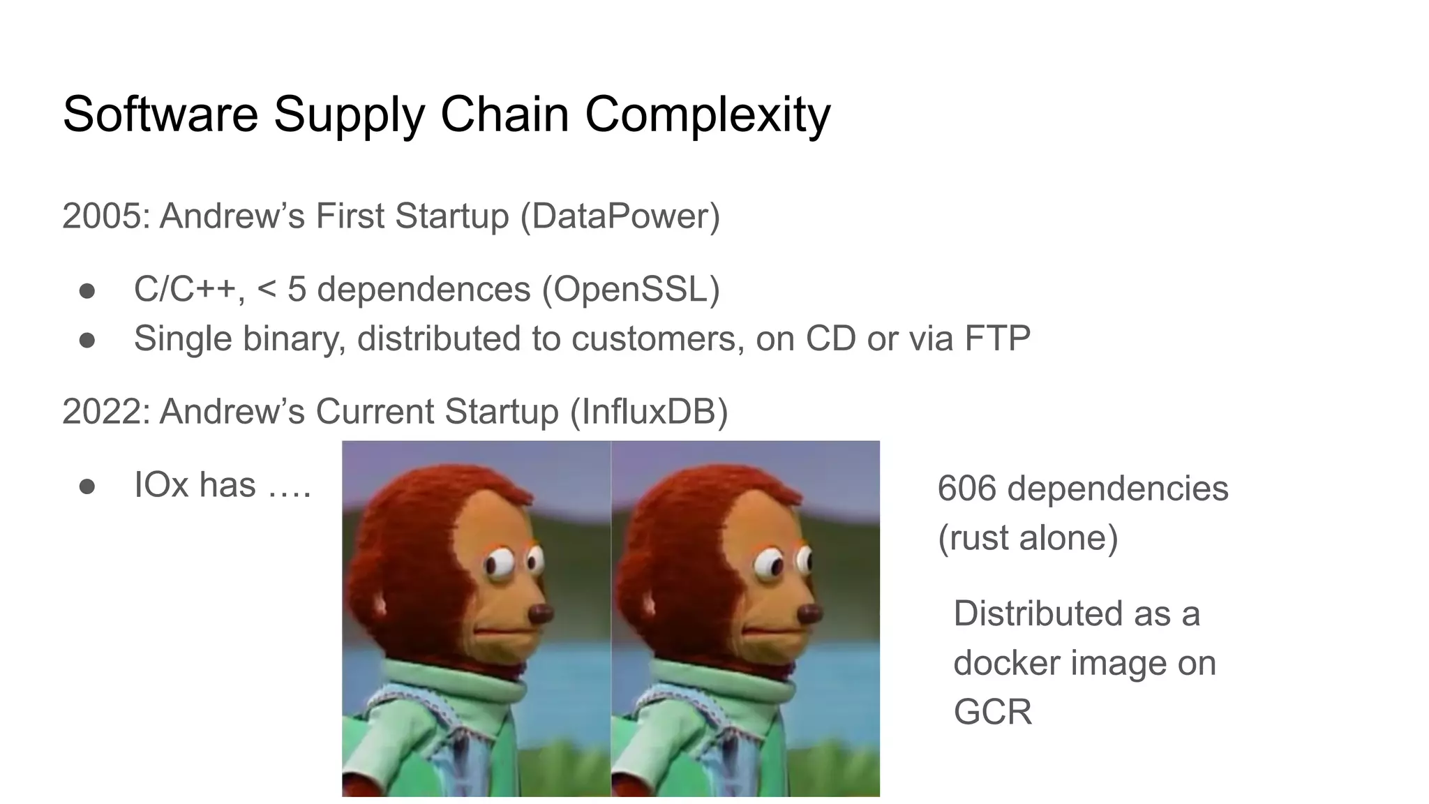 Software Supply Chain Complexity
2005: Andrew’s First Startup (DataPower)
● C/C++, < 5 dependences (OpenSSL)
● Single binary, distributed to customers, on CD or via FTP
2022: Andrew’s Current Startup (InfluxDB)
● IOx has …. 606 dependencies
(rust alone)
Distributed as a
docker image on
GCR
 