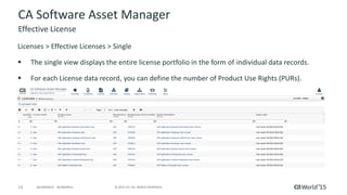 13 © 2015 CA. ALL RIGHTS RESERVED.@CAWORLD #CAWORLD
CA Software Asset Manager
Licenses > Effective Licenses > Single
 The single view displays the entire license portfolio in the form of individual data records.
 For each License data record, you can define the number of Product Use Rights (PURs).
Effective License
 