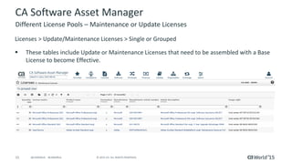 15 © 2015 CA. ALL RIGHTS RESERVED.@CAWORLD #CAWORLD
CA Software Asset Manager
Licenses > Update/Maintenance Licenses > Single or Grouped
 These tables include Update or Maintenance Licenses that need to be assembled with a Base
License to become Effective.
Different License Pools – Maintenance or Update Licenses
 
