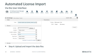 33 © 2015 CA. ALL RIGHTS RESERVED.@CAWORLD #CAWORLD
Automated License Import
 Step 4: Upload and import the data files
Via the User Interface
 