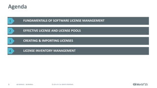 4 © 2015 CA. ALL RIGHTS RESERVED.@CAWORLD #CAWORLD
Agenda
FUNDAMENTALS OF SOFTWARE LICENSE MANAGEMENT
EFFECTIVE LICENSE AND LICENSE POOLS
CREATING & IMPORTING LICENSES
LICENSE INVENTORY MANAGEMENT
1
2
3
4
 