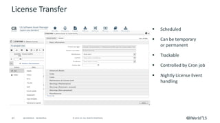 47 © 2015 CA. ALL RIGHTS RESERVED.@CAWORLD #CAWORLD
License Transfer
 Scheduled
 Can be temporary
or permanent
 Trackable
 Controlled by Cron job
 Nightly License Event
handling
 