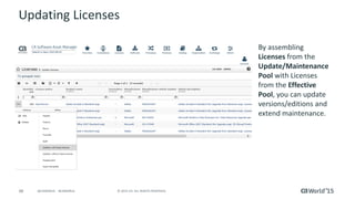 48 © 2015 CA. ALL RIGHTS RESERVED.@CAWORLD #CAWORLD
Updating Licenses
By assembling
Licenses from the
Update/Maintenance
Pool with Licenses
from the Effective
Pool, you can update
versions/editions and
extend maintenance.
 