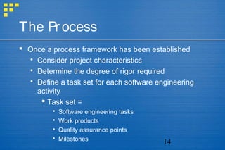 14
The Process
 Once a process framework has been established
 Consider project characteristics
 Determine the degree of rigor required
 Define a task set for each software engineering
activity
 Task set =
 Software engineering tasks
 Work products
 Quality assurance points
 Milestones
 