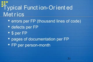 31
Typical Funct ion-Orient ed
Met rics
 errors per FP (thousand lines of code)
 defects per FP
 $ per FP
 pages of documentation per FP
 FP per person-month
 