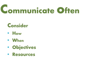 Consider
• How
• When
• Objectives
• Resources
Communicate often
 