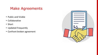 Make Agreements
• Public and Visible
• Collaborative
• Short
• Updated Frequently
• Confront broken agreement
 