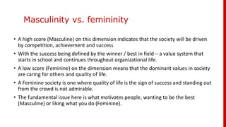 Masculinity vs. femininity
• A high score (Masculine) on this dimension indicates that the society will be driven
by competition, achievement and success
• With the success being defined by the winner / best in field – a value system that
starts in school and continues throughout organizational life.
• A low score (Feminine) on the dimension means that the dominant values in society
are caring for others and quality of life.
• A Feminine society is one where quality of life is the sign of success and standing out
from the crowd is not admirable.
• The fundamental issue here is what motivates people, wanting to be the best
(Masculine) or liking what you do (Feminine).
 