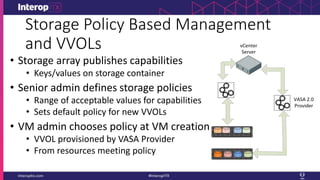 Storage Policy Based Management
and VVOLs
• Storage array publishes capabilities
• Keys/values on storage container
• Senior admin defines storage policies
• Range of acceptable values for capabilities
• Sets default policy for new VVOLs
• VM admin chooses policy at VM creation
• VVOL provisioned by VASA Provider
• From resources meeting policy
VASA 2.0
Provider
vCenter
Server
 