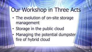 Our Workshop in Three Acts
• The evolution of on-site storage
management
• Storage in the public cloud
• Managing the potential dumpster
fire of hybrid cloud
 