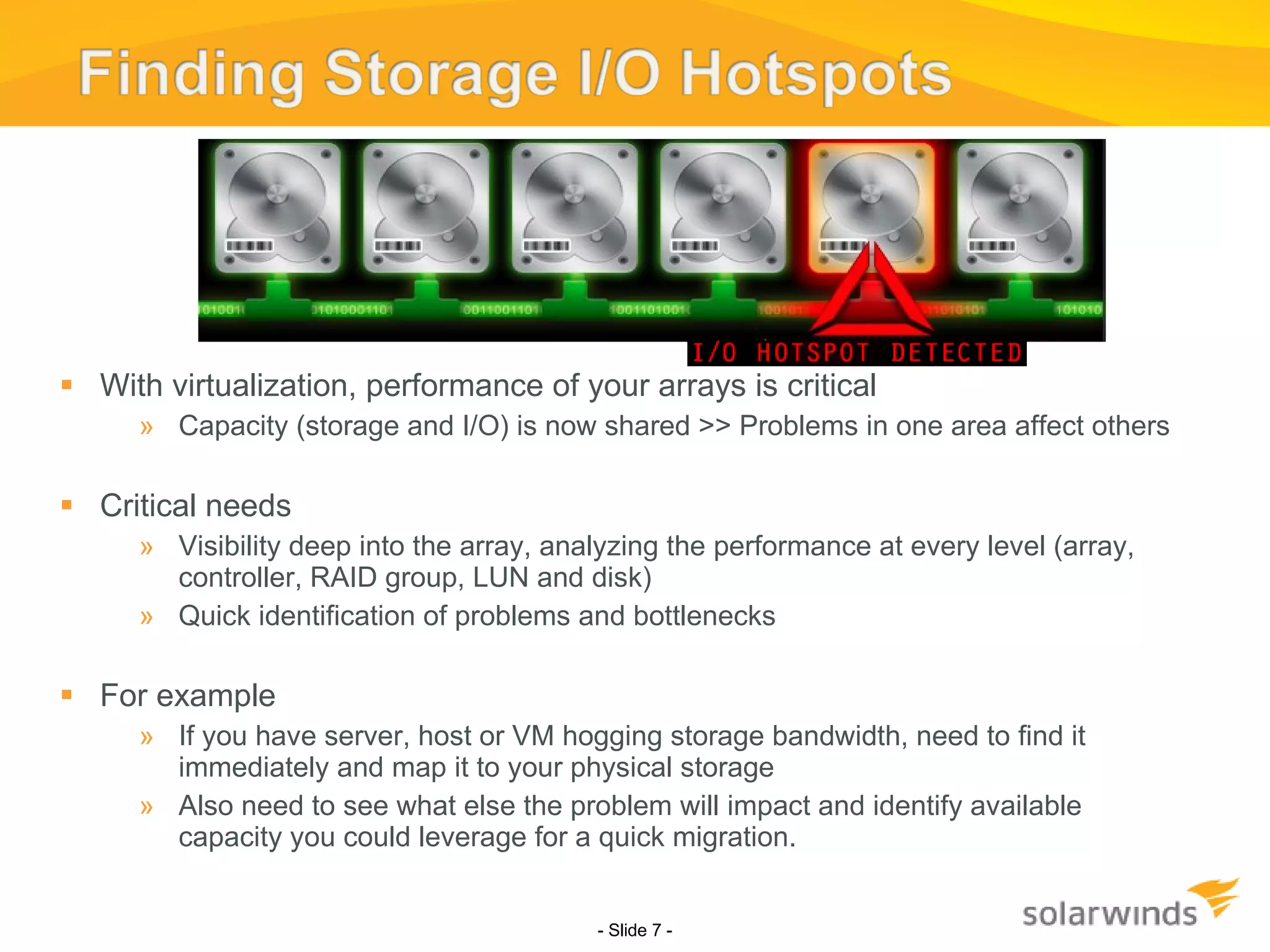 With virtualization, performance of your arrays is critical Capacity (storage and I/O) is now shared >> Problems in one area affect others  Critical needs Visibility deep into the array, analyzing the performance at every level (array, controller, RAID group, LUN and disk) Quick identification of problems and bottlenecks  For example If you have server, host or VM hogging storage bandwidth, need to find it immediately and map it to your physical storage Also need to see what else the problem will impact and identify available capacity you could leverage for a quick migration.  - Slide   - 
