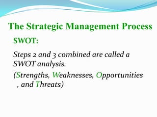 SWOT:
Steps 2 and 3 combined are called a
SWOT analysis.
(Strengths, Weaknesses, Opportunities
, and Threats)
The Strategic Management Process
 