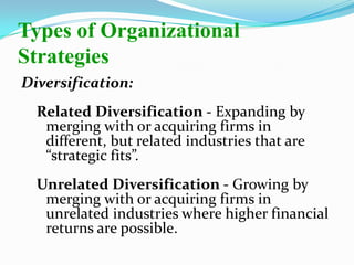 Diversification:
Related Diversification - Expanding by
merging with or acquiring firms in
different, but related industries that are
“strategic fits”.
Unrelated Diversification - Growing by
merging with or acquiring firms in
unrelated industries where higher financial
returns are possible.
Types of Organizational
Strategies
 