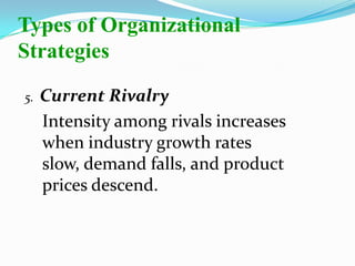 5. Current Rivalry
Intensity among rivals increases
when industry growth rates
slow, demand falls, and product
prices descend.
Types of Organizational
Strategies
 